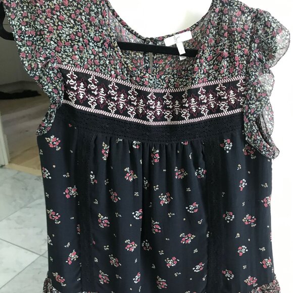 'Joie' floral / embroidered stitching flowy blouse red black green sz large - Picture 1 of 3